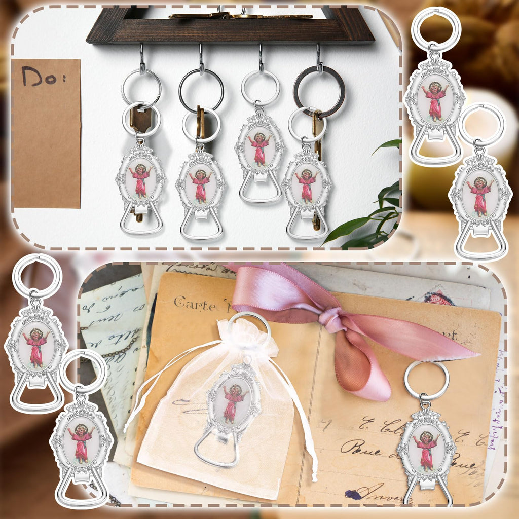 Misdary 12 Pcs Divine Jesus Bottle Opener Keychain Catholic Bottle Opener with Organza Baptism Party Favor for Guest