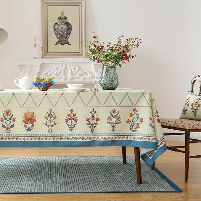 ISAENNE Designer Vintage Linen Rectangular Tablecloth,110"x63"-Floralsea B