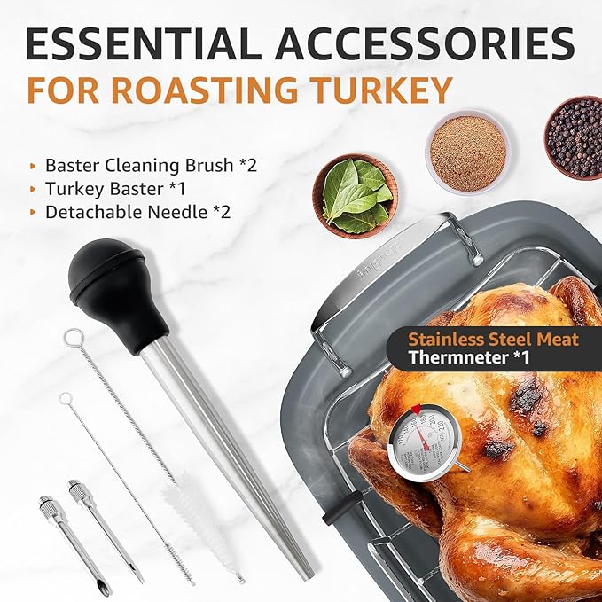Turkey Roasting Pan, 17x13 Inch Nonstick Turkey Roaster Pan, Cream&Silver