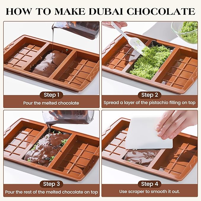 KASHME 2 Pcs Chocolate Bar Mold Deep Dubai 0.85 Inch Stuffed Chocolate Molds Silicone Large Break Apart Silicone Molds (10 Snap + 5 Snap）