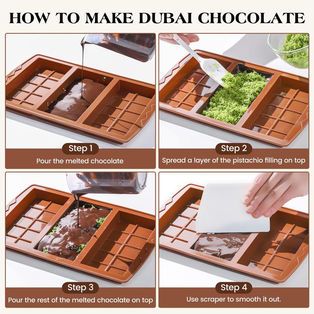 KASHME 4 Pcs Chocolate Bar Mold Deep Dubai 0.85 Inch Stuffed Chocolate Molds Silicone Large Break Apart Silicone Molds (10 Snap + 5 Snap）