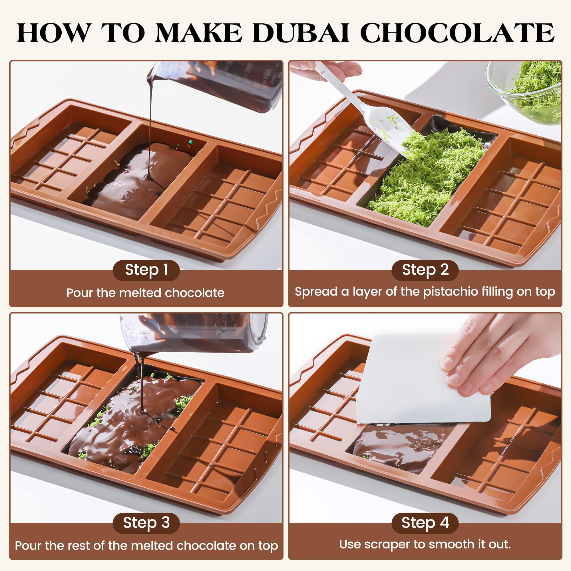 KASHME 4 Pcs Chocolate Bar Mold Deep Dubai 0.85 Inch Stuffed Chocolate Molds Silicone Large Break Apart Silicone Molds (10 Snap + 5 Snap）