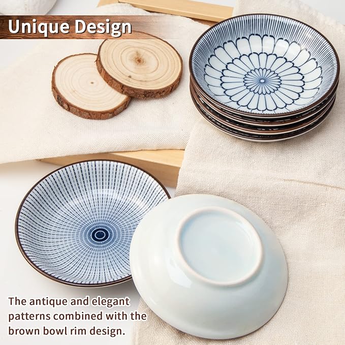 Eisinly 6 Pack Dipping Bowls,3 OZ Small Ceramic Soy Sauce Dish,Vintage Blue