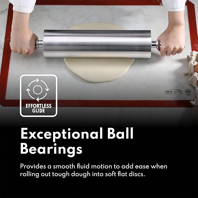 New Star Foodservice 13 Inch Aluminum Rolling Pin, Extra Heavy Duty Restaurant Grade Dough Roller with Rotating Barrel and Handles, Silver