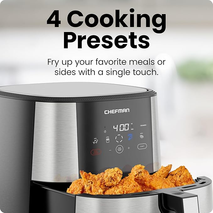 Chefman Air Fryer 8 Qt | TurboFry® 4-in-1 with 450°F Hi-Fry Option for Crispier Results | Bake, Dehydrate, Frozen | XL Nonstick Dishwasher-Safe Basket | Stainless Steel