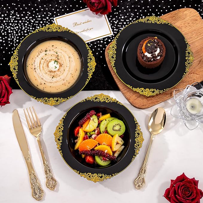 Joyido 100PCS Black Plastic Bowls - 12 oz Black Gold Disposable Salad Bowls - Heavy Duty Soup Serving Bowl - Fancy Plastic Candy Bowl for Weddings, Parties, Dinners, Catering, Picnics