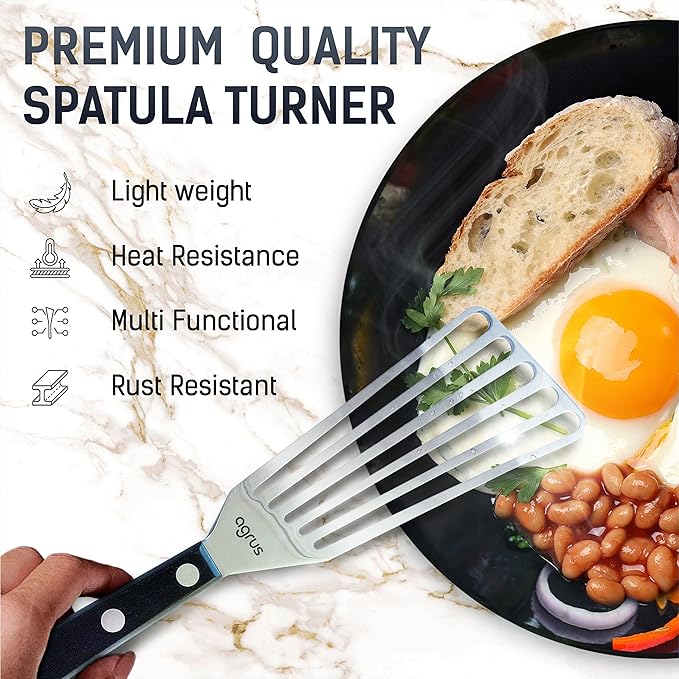 AGRUS Fish Spatula Stainless Steel, Size 11 inch, Blade 6.5 inch, Plastic Handle, Flexible Metal, Angled Slotted Turner