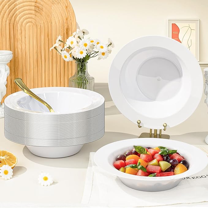 BESTVIP 100 Pack 12 oz White Plastic Bowls, Disposable Soup Bowls