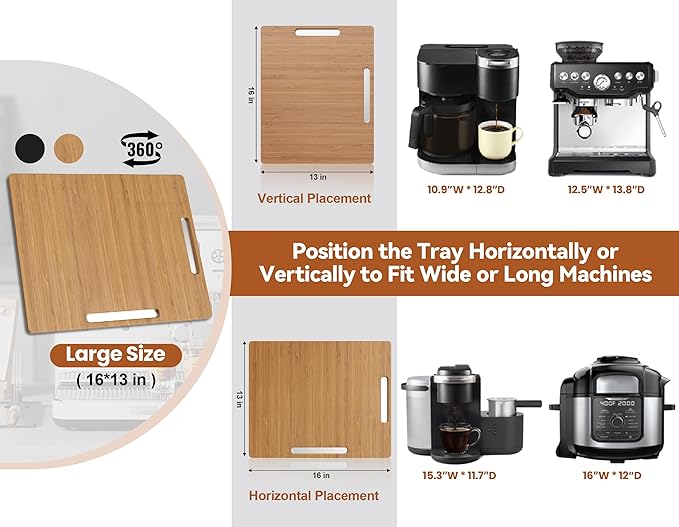 Joy&Grace Appliance Slider for Kitchen Appliances 360° Rolling Sliding Tray for Coffee Maker Countertop, Bamboo Coffee Pot Slider Rolling Tray with Universal Rollers (Natural, Large 16"x13")