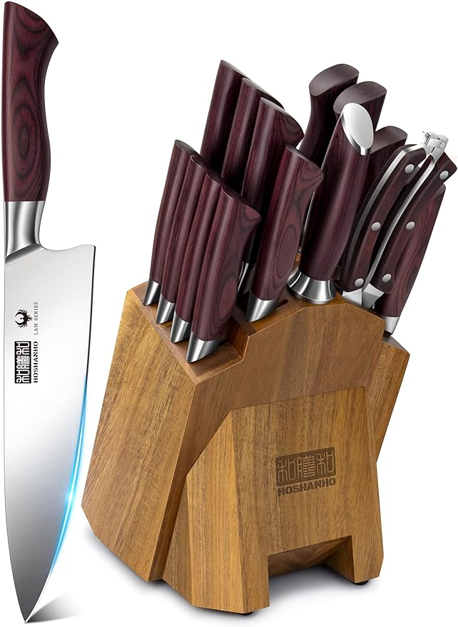HOSHANHO 18PCS Kitchen Knife Block Set, Sharp Chef Knives with Sharpener