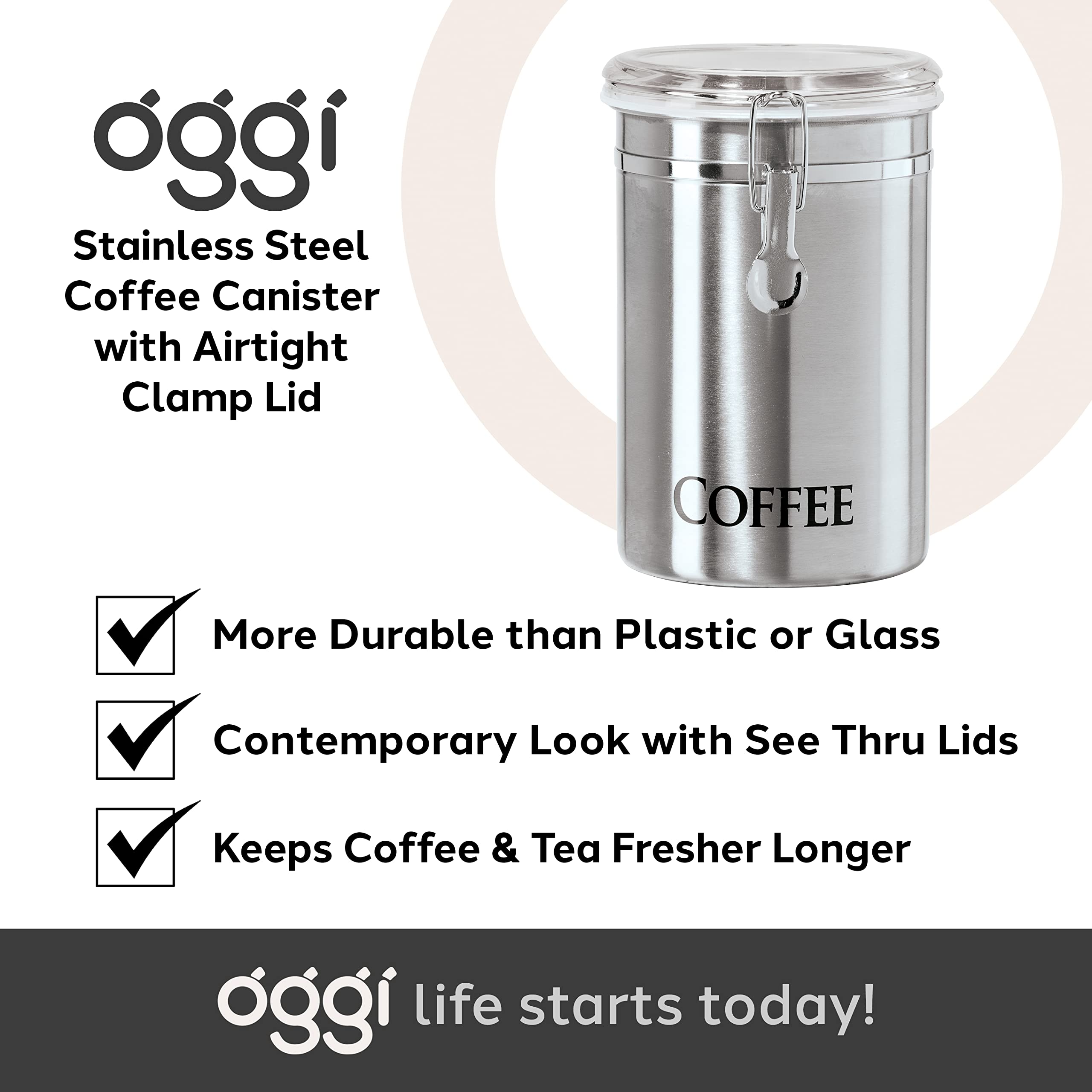 Oggi Stainless Steel Coffee Canister 62 fl oz - Airtight Clamp Lid, Clear See-Thru Top - Ideal for Coffee Bean Storage, Ground Coffee Storage, Kitchen Storage, Pantry Storage. Large Size 5" x 7.5".