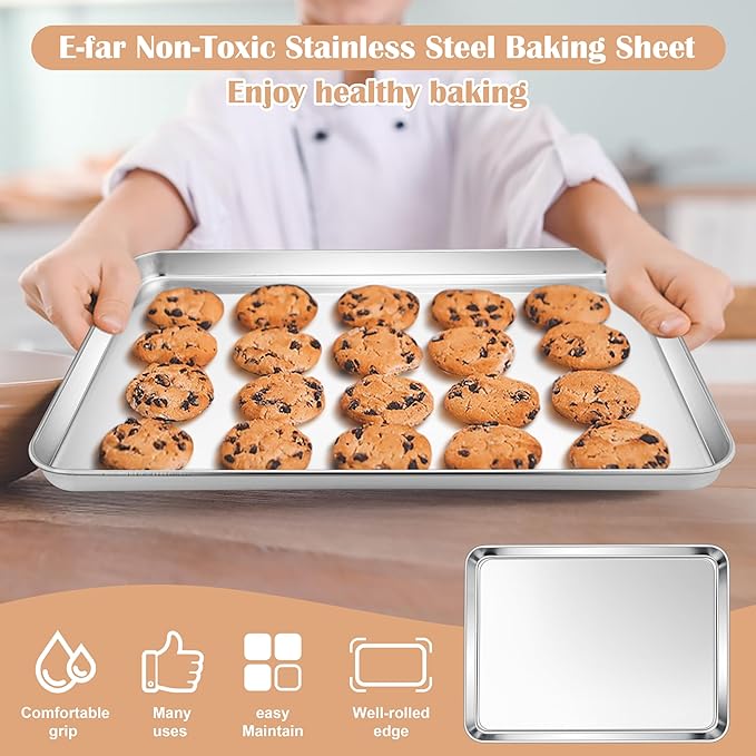 E-far Stainless Steel Baking Sheet Set of 2, 16” x12” x 1” Cookie Sheet Pan
