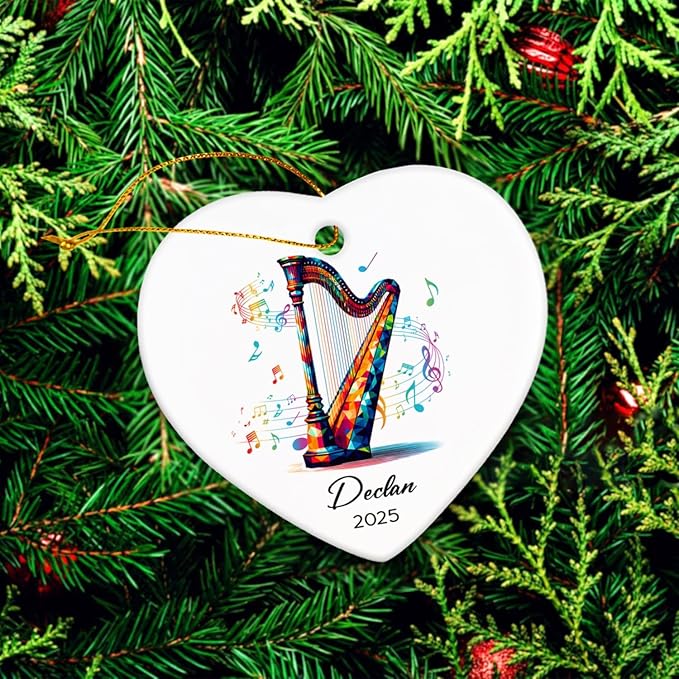 Personalized Harp Lovers Ceramic Ornament Decor, Harpist Christmas Ornaments Tree, Custom Name & Year Harp Musical Xmas Ornament Gifts for Harpist Musician, Instrument Ceramic Ornaments Xmas 2026