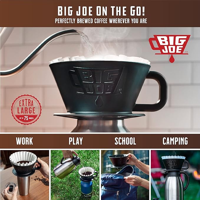 BIG JOE® Large Pour Over Coffee Dripper (Durable BPA-Free Plastic) w/ 50 Filters - Brews 12 to 75 oz of Coffee into Any Mug, Carafe, or Thermos - Dishwasher Safe - Made in USA