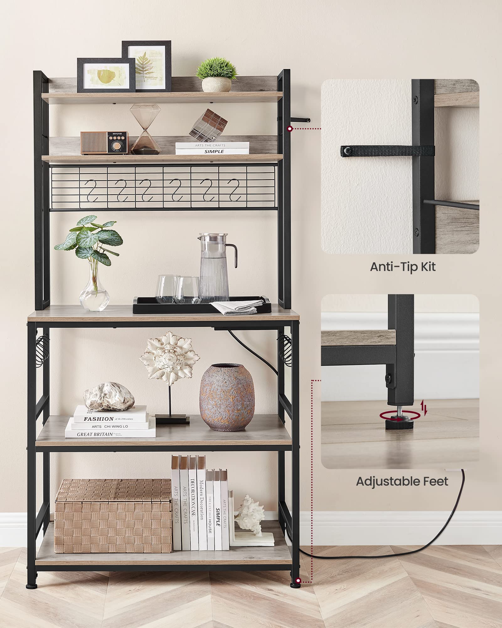 VASAGLE Bakers Rack with Power Outlet, Microwave Stand, Kitchen Tall Utility Storage Shelf, with Metal Wire Panel, 14 Hooks, 15.7 x 31.5 x 66.9 Inches, Heather Greige and Ink Black UKKS025B02
