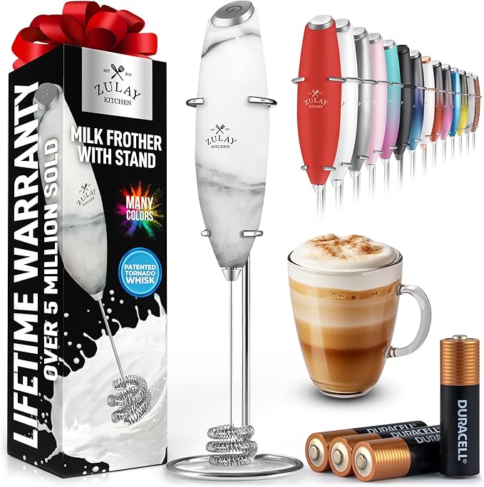 Zulay Kitchen Powerful Milk Frother Wand With Duracell Batteries - Ultra Fast Handheld Drink Mixer - Electric Whisk Foam Maker for Coffee, Lattes, Cappuccino & Matcha - Triple Whisk - Onyx Marble