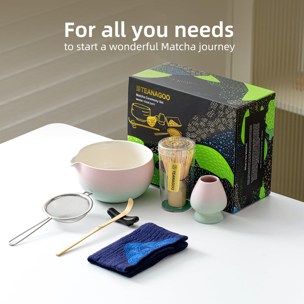 TEANAGOO Matcha Whisk Set Pink,Ceremony Matcha Set Kit Grident Pink,Matcha Tea Set for Making Breakfast/Latte,7 Pcs Matcha Whisk Set and Bowl with All Accessories,Gift for Family/Friend