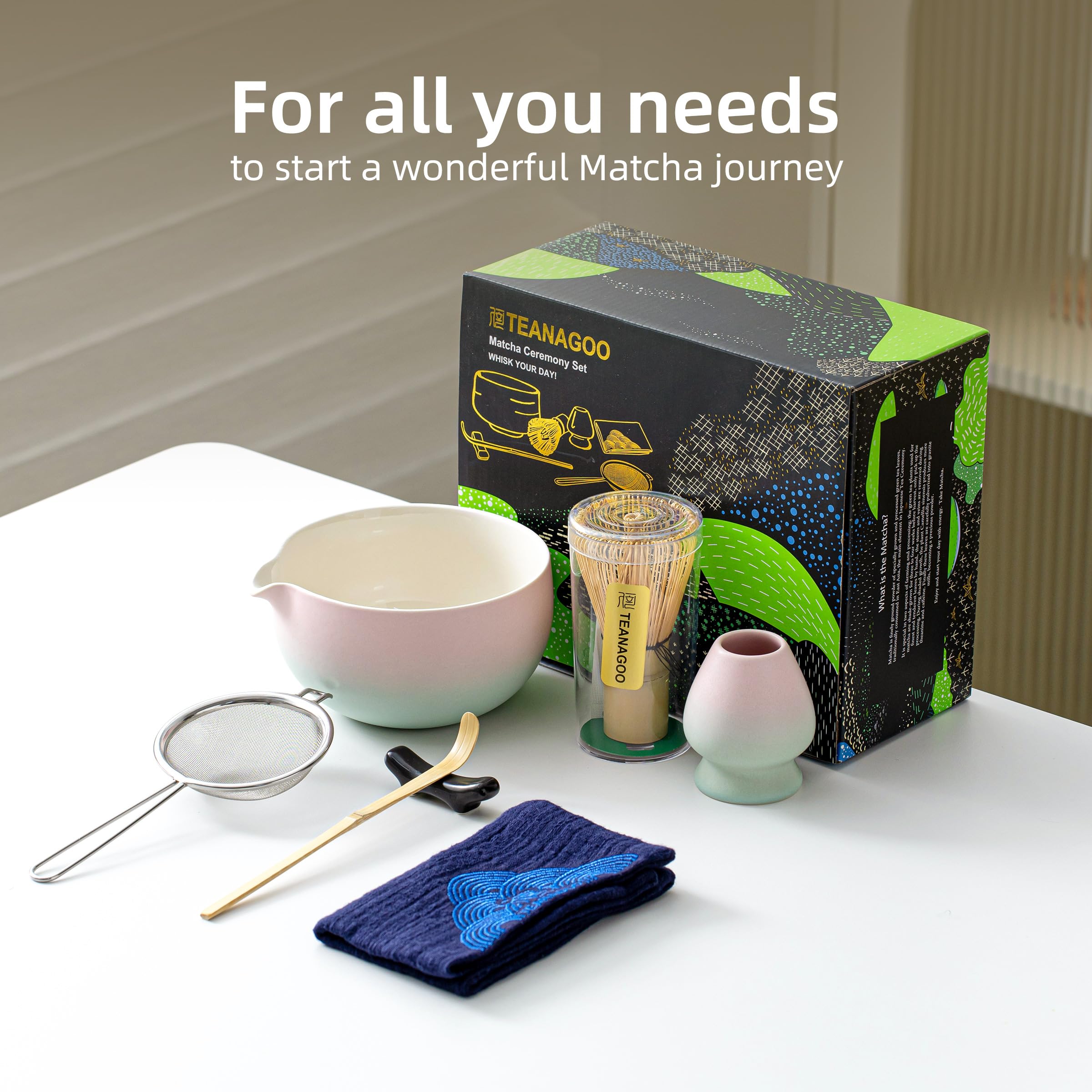 TEANAGOO Matcha Whisk Set Pink,Ceremony Matcha Set Kit Grident Pink,Matcha Tea Set for Making Breakfast/Latte,7 Pcs Matcha Whisk Set and Bowl with All Accessories,Gift for Family/Friend