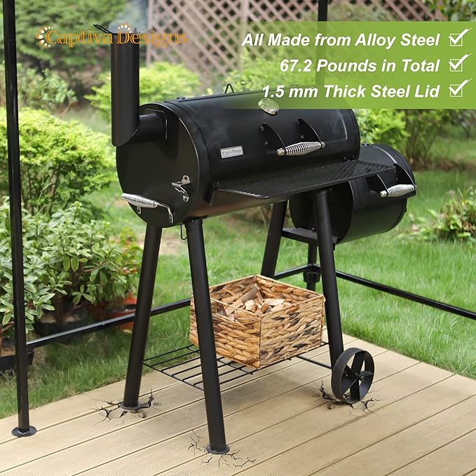 Captiva Designs Charcoal Grill with Offset Smoker for Outdoor Barbecue