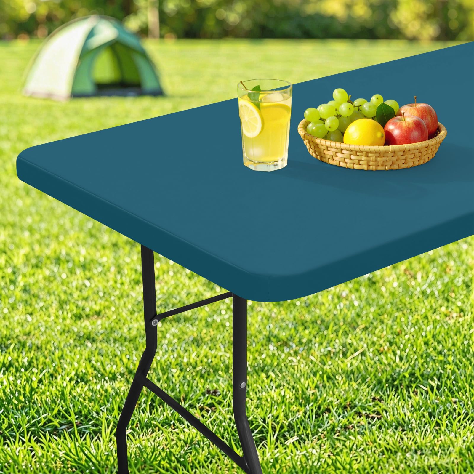 homing Rectangle Table Cloth Cover, Water-Resistant Polyester Elastic Fitted Tablecloth, Fits for 6 Foot Folding Tables, Washable Table Protector for Picnic, Camping, Outdoor (Peacock Blue, 30" x 72")
