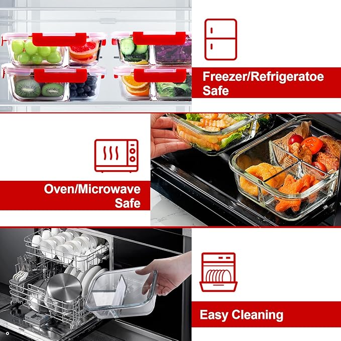 VERONES 5 PACK 36 OZ Glass Food Storage Containers 3 Compartment Set, Red