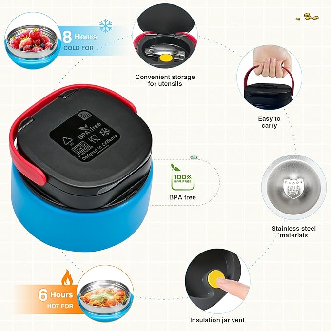 FAJSL Game Bento Box for Kids, Lunch Box with Thermo(9oz Food Jar), Folding Spoon, Removable Divider & Sauce Cup, Lunch Box Kids for School,Travel, BPA-Free & Realistic Shape(Blue-Red)