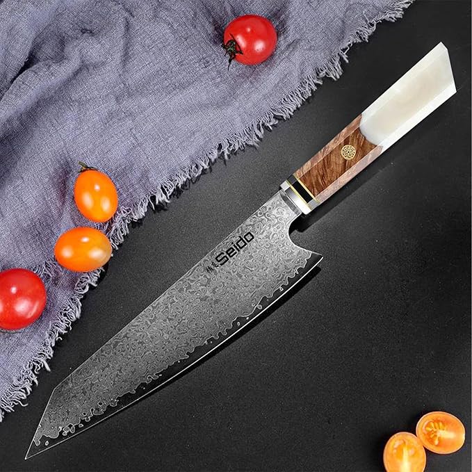 Seido 8.5 Inch VG10 Damascus Kiritsuke Chef Knife, Pearl White Resin