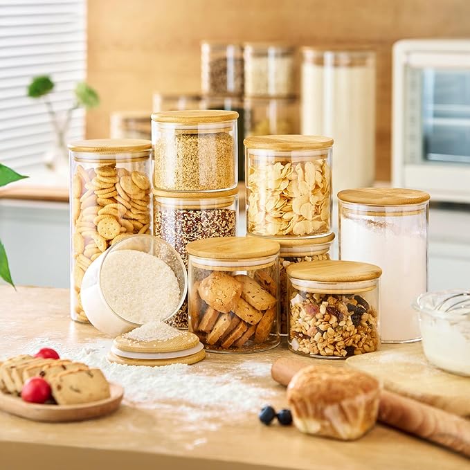 32 oz & 21 oz Round Glass Food Storage Containers with Bamboo Lids, 4 Pack