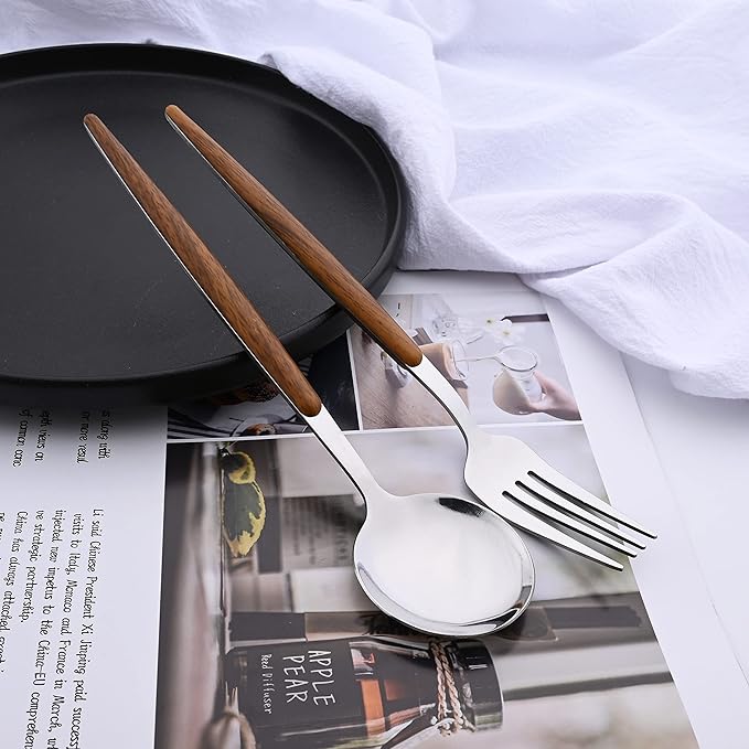 Uniturcky 16-Piece Silverware Set with Cake Fork, Silver Stainless Steel Flatware Cutlery, Eating Utensils with Wooden Effect Handle, Includes Knife, Fork, Spoon, Mirror Finish, Dishwasher Safe