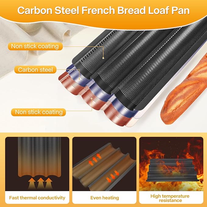 Barlket Baguette Bread Pan Kit, Perforated Nonstick 3 Loaf Bread Pan, Black