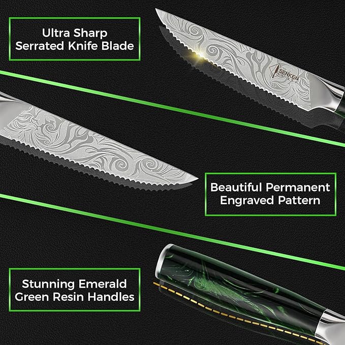 SENKEN Professional 6-Piece Steak Knife Set with Beautiful Engraved Pattern - Wasabi Collection - Razor Sharp Serrated High Carbon Steel & Emerald Green Resin Handle (6 Piece Steak Knife Set)