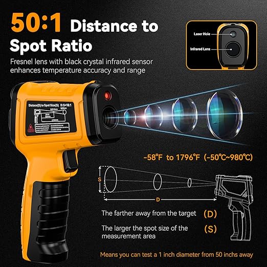 Surpeer 50:1 Infrared Thermometer IR Laser Gun, -58°F to 1796°F, Digital Temperature Gun/K-Type Probe -4°F to 932°F & Humidity Sensor for Cooking, Pizza Oven BBQ HVAC Home-Industrial Use
