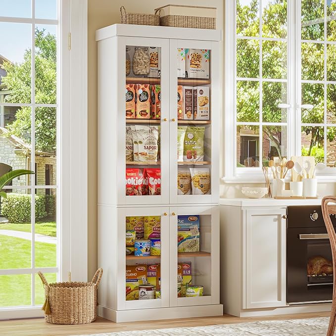 ivaniti 70.8" Tall Farmhouse Kitchen Pantry Cabinet with Glass Doors, Modular Storage Cabinet with 6-Tier Adjustable Shelves, White, Wooden Hutch for Kitchen, Living Room, Set of 3