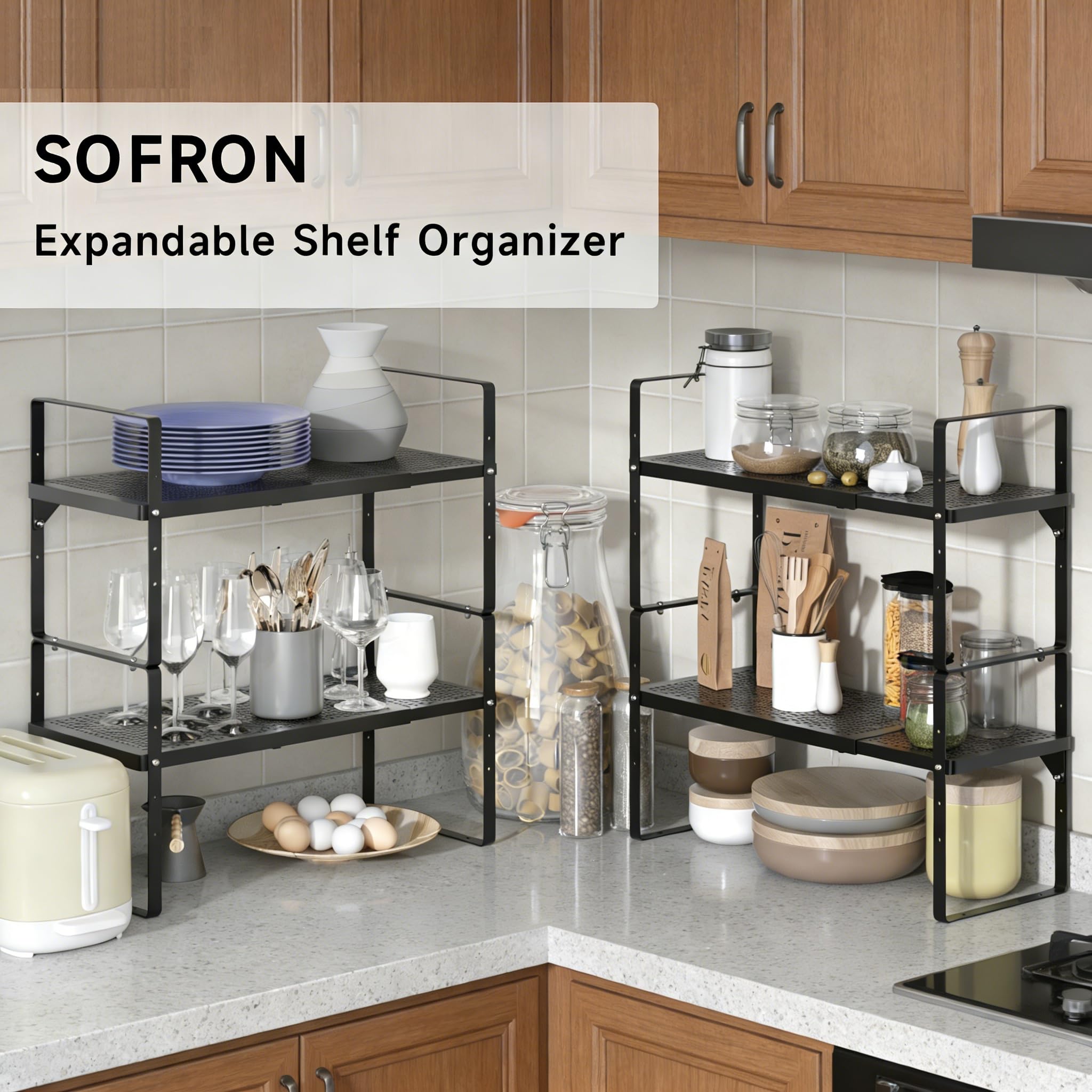 SOFRON Expandable Storage Shelf, Stackable Organizer Rack, Black Large 1 PK