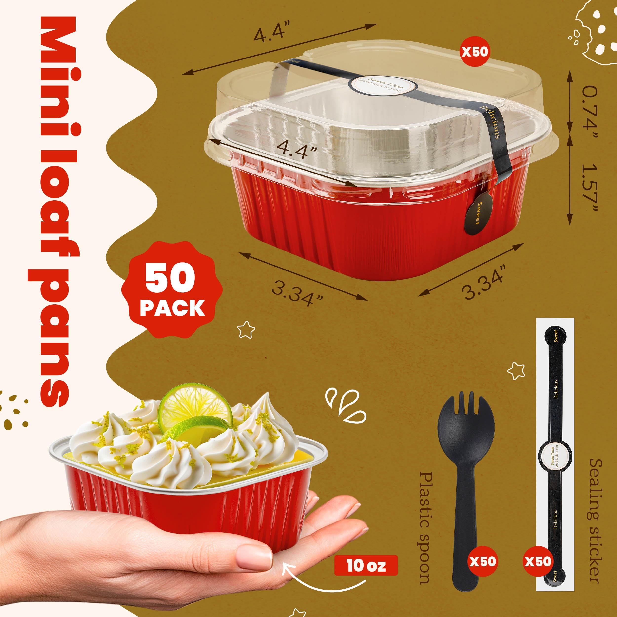NPLUX Square Cake Pans with Lids, 50 Pack Red 10oz for Seasonal Baking