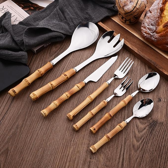 Uniturcky Dinner Knife Set with Bamboo Handle, 8-Piece Stainless Steel Shiny Silver Dinner Knives, Creative Design Table Knives for Home Restaurant, 8.74 inch, Handcrafted