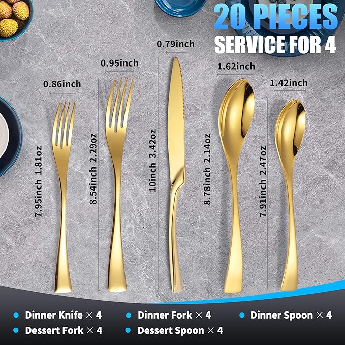 Lemeya 20-Pieces Gold Silverware Set for 4,Heavy Duty 18/10 Stainless Steel Flatware Set with Forged Stand Knives,Modern Cutlery Utensil Set,Mirror Polished,Dishwasher Safe