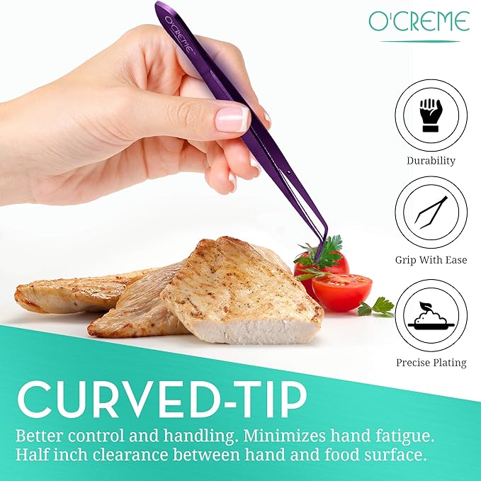 O'Creme Stainless Steel Kitchen Tweezer Tongs, Curved & Straight