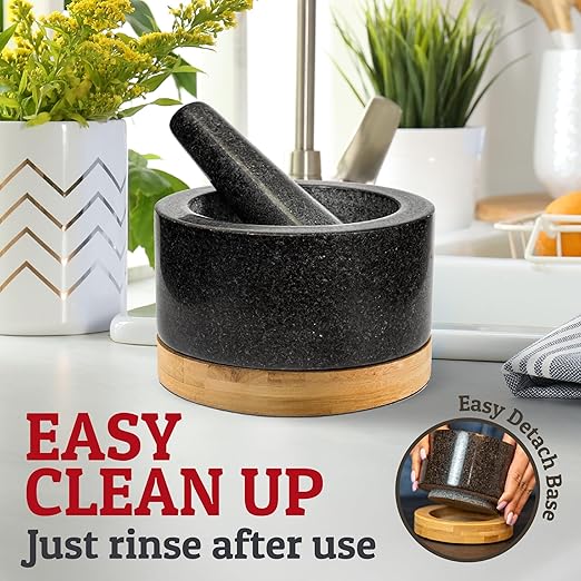 PriorityChef Heavy Duty Mortar and Pestle Set with Bamboo Base, 100% Natural Granite Stone Grinder, Guacamole Bowl and Masher, 2 Cups, Black