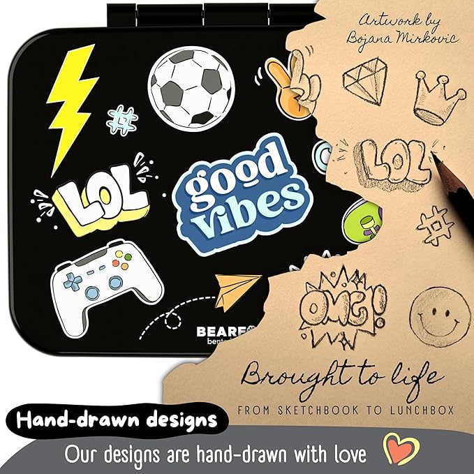 BEARFOOT Kids Lunch Box with Compartments – Compact & Lightweight | Leak-Proof, BPA-Free, Dishwasher Safe | Hand-Drawn Design for Preschool, School, Travel (Sticker Black, 2.75 Cups)