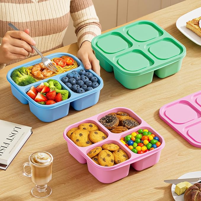 Canfanni 6 Pcs Snack Box Container Set, Reusable 3&4 Compartment Meal Prep Snack Containers for Adults Kids Toddler, BPA-Free Divided Lunchable Container for School, Work and Travel (Multicolor)