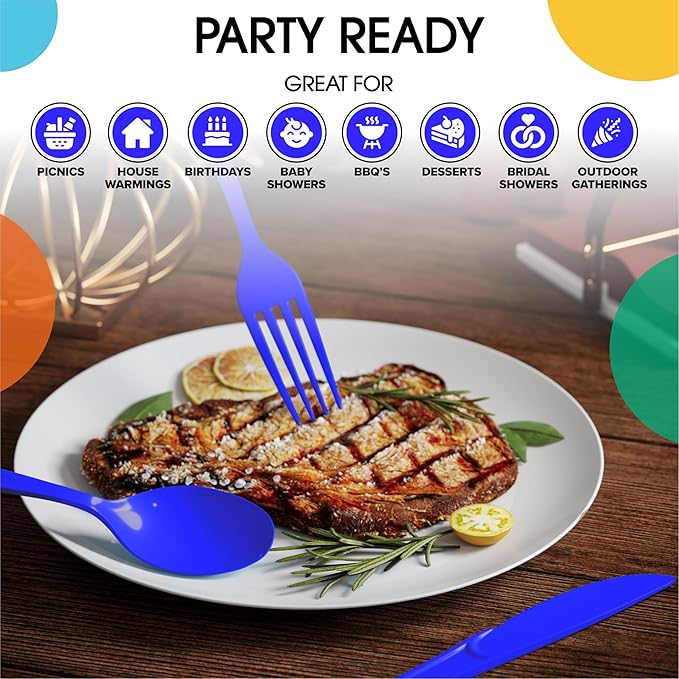 Party Solids Dark Blue Plastic Silverware Heavy Duty 300 Pieces Dark Blue Disposable Silverware Heavy Duty, Utensil Sets, 100 Of Each Forks, Knives & Spoons Disposable Cutlery Set For Party Supplies