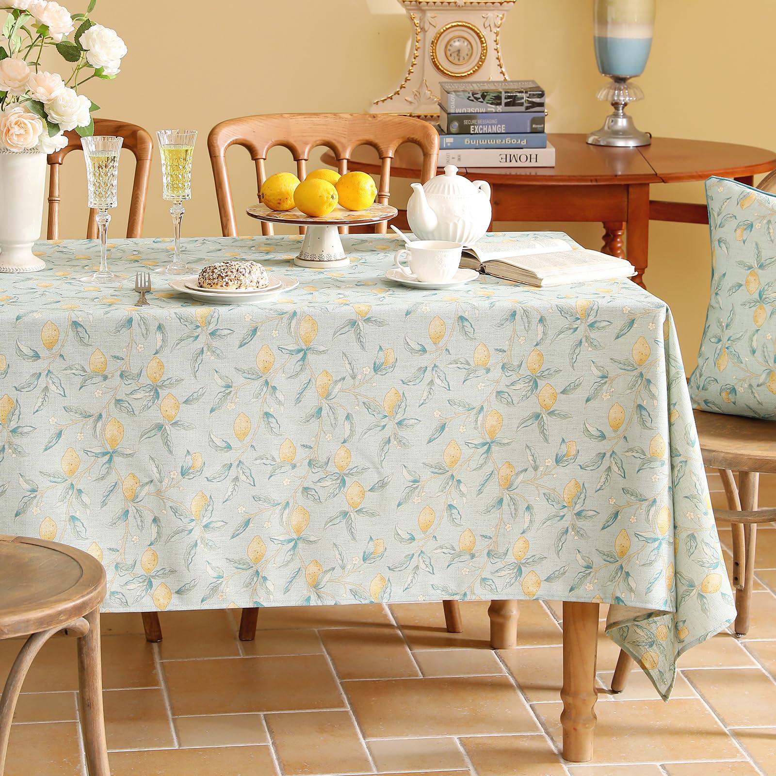 patdrea Designer Linen Green Long Tablecloth for Rectangle Table,Vintage Breathable Yellow Fruits Pattern Table Cloth,Decor Cover for Kitchen Dining,Christmas,Thanksgiving,Party,63"x102"-Ania a