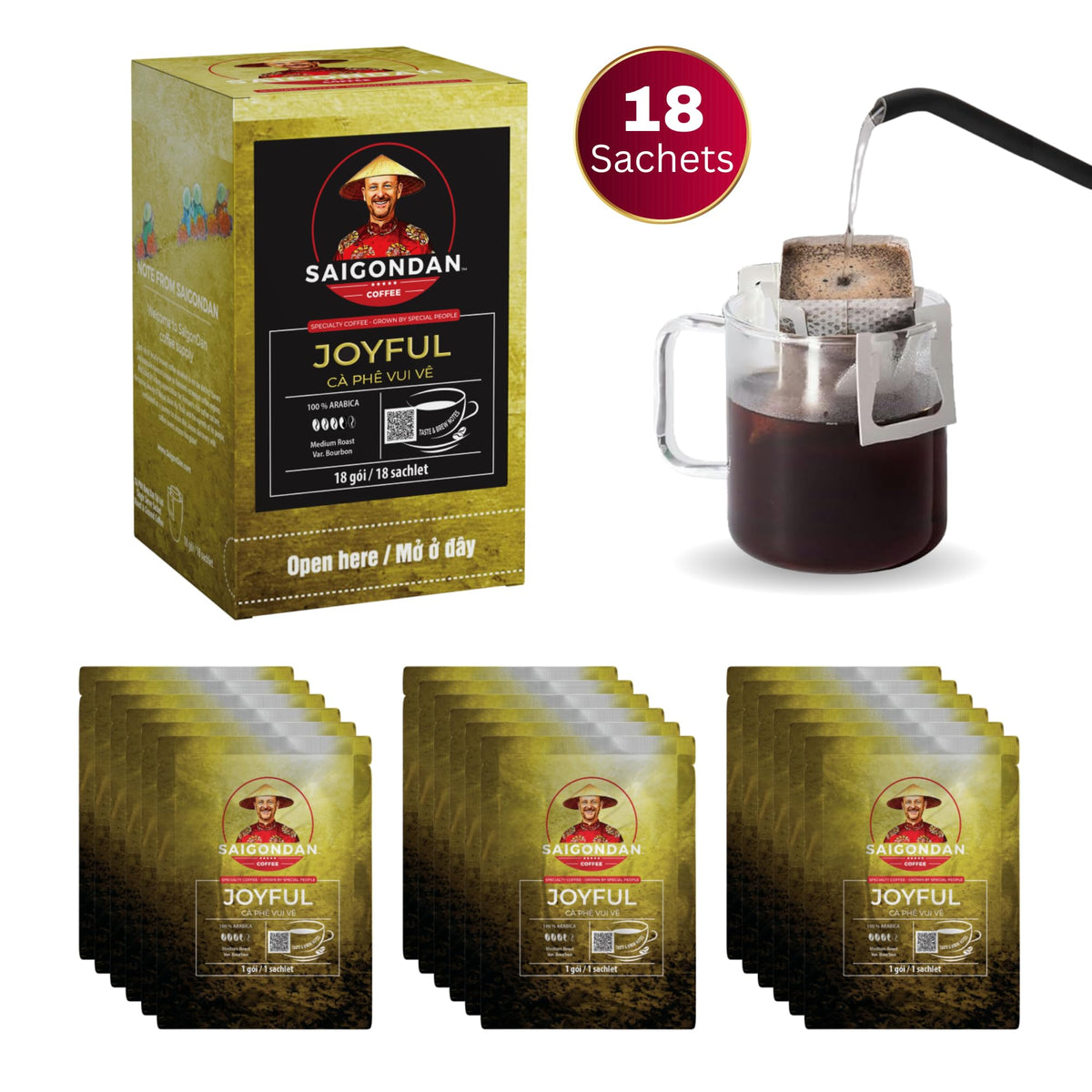 Joyful Pour Over Vietnamese Coffee – SAIGONDAN Single Serve Coffee Sachets | Medium Roast, 100% Arabica | Specialty Coffee with Instant Convenience for Home, Office, Travel & Camping (18 Sachets)
