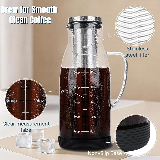 CHDEXU Airtight Cold Brew Coffee Maker Pitcher 51oz, Glass Iced Coffee Maker Pitcher with Removable Stainless Steel Filter and Non-Slip Base, 1.5L Iced Tea Maker