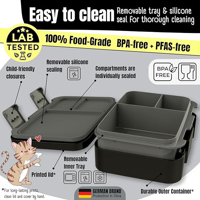 BEARFOOT Kids Lunch Box with Compartments – Compact & Lightweight | Leak-Proof, BPA-Free, Dishwasher Safe | Hand-Drawn Design for Preschool, School, Travel (Black, 2.75 Cups)