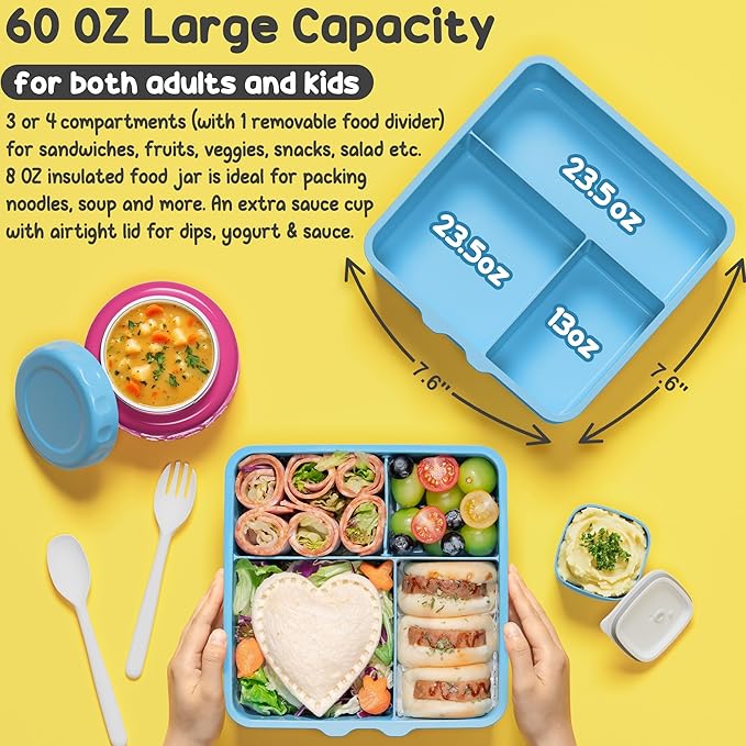 Fimibuke 60oz Kids Bento lunch Box with Insulated Lunch Bag & 8.5oz Thermo