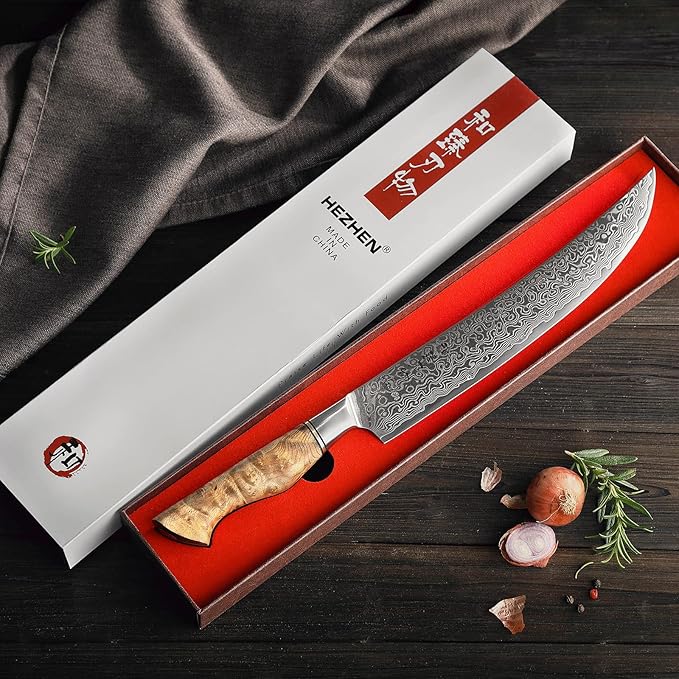 HEZHEN 10-Inch Slicing Knife with Granton Edge –67 Layers Damascus Steel, Professional Carving Knife for Brisket, Roast & BBQ, Figured Sycamore Handle