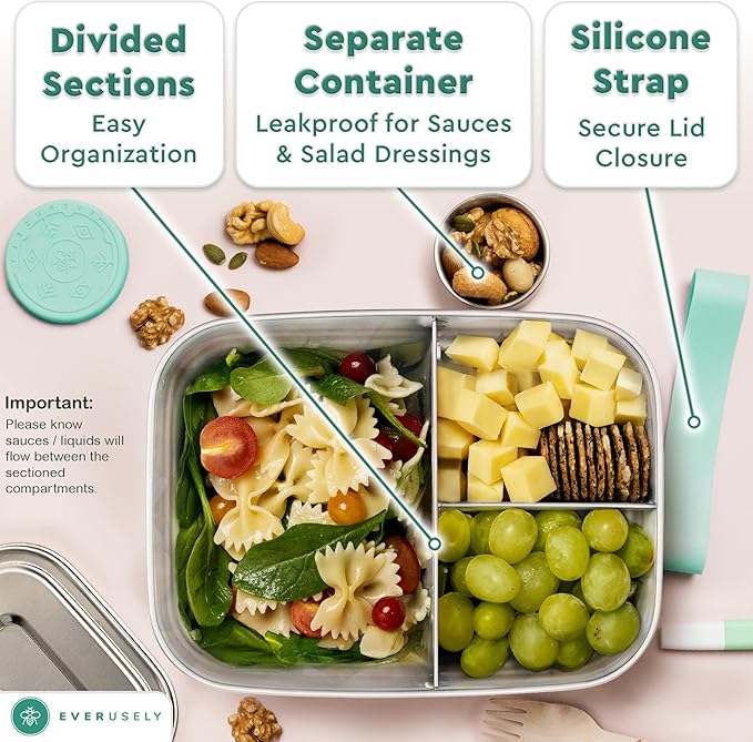 Stainless Steel Bento Box + Condiment Container - Green, 60oz / 1.8 L