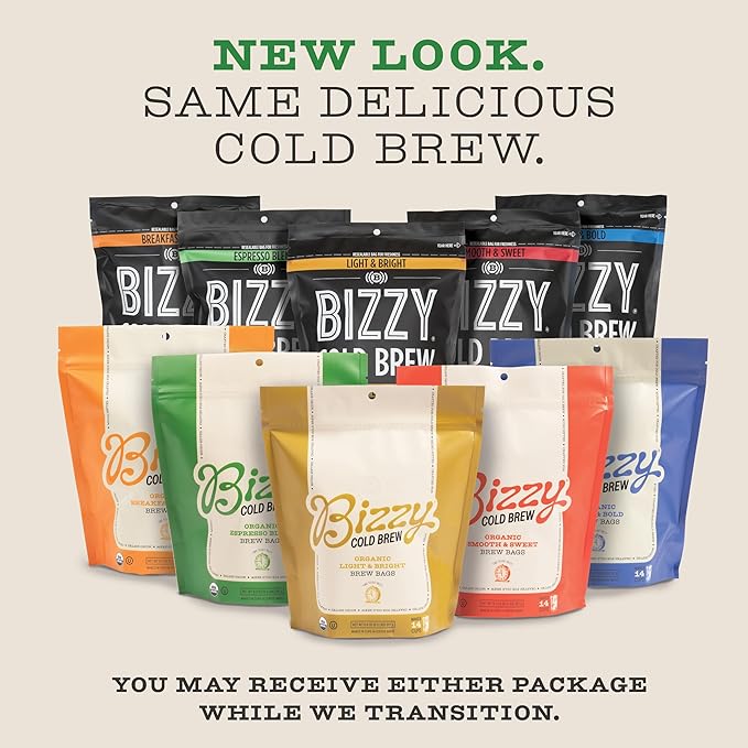 Bizzy Organic Cold Brew Coffee, Smooth & Sweet Blend, Brew Bags, 4 ct